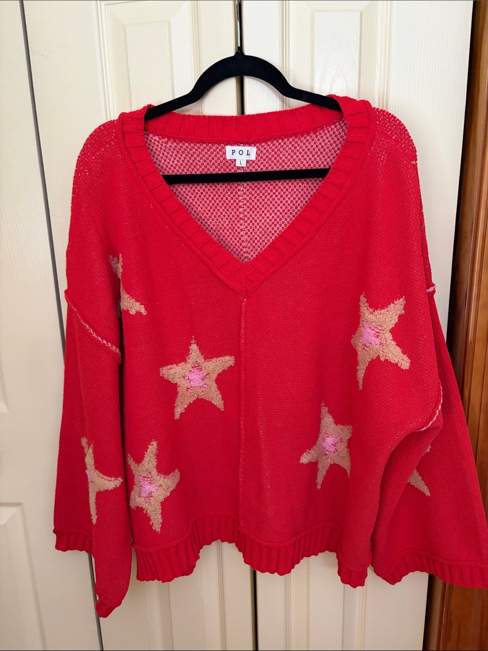 POL Red V-Neck Sweater with Gold & Pink Stars